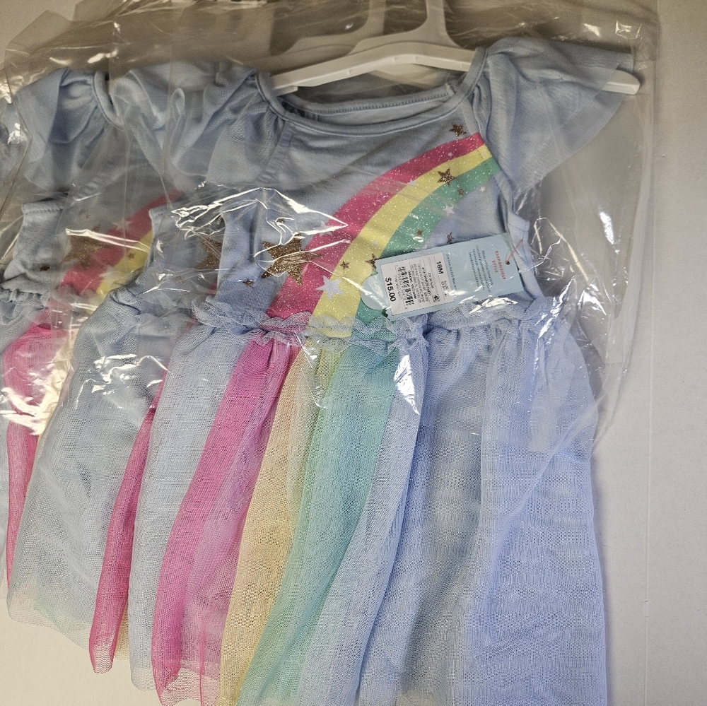 Cat & Jack Light Blue Rainbow Tulle Dress with Pink Yellow Green Panels - Picture 3 of 5